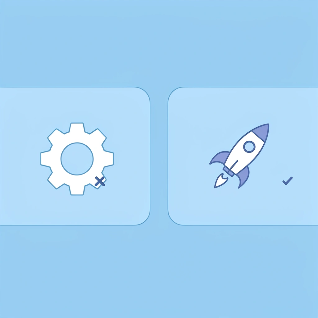 Before and after comparison: left side shows slow production process with X mark, right side shows fast streamlined process with checkmark