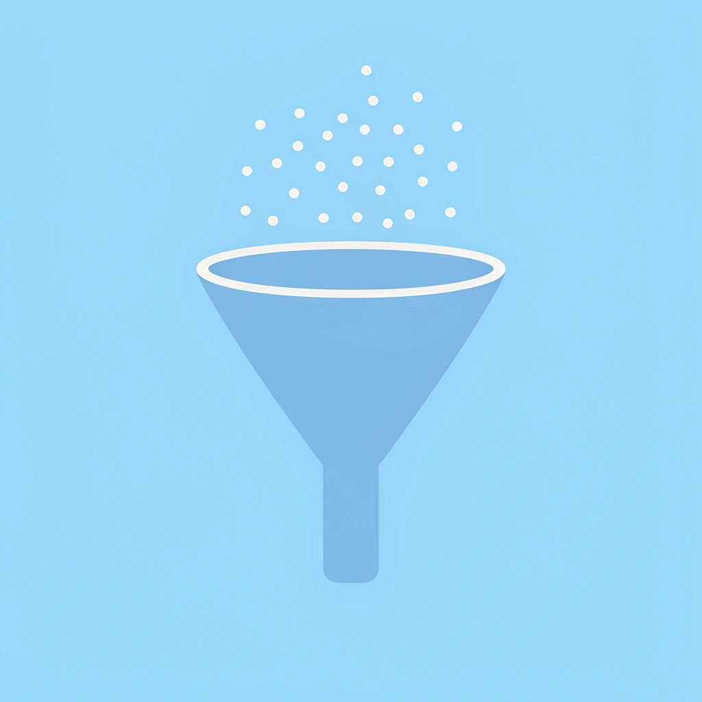 Funnel showing many random posts entering but few converting to paying customers due to lack of focus