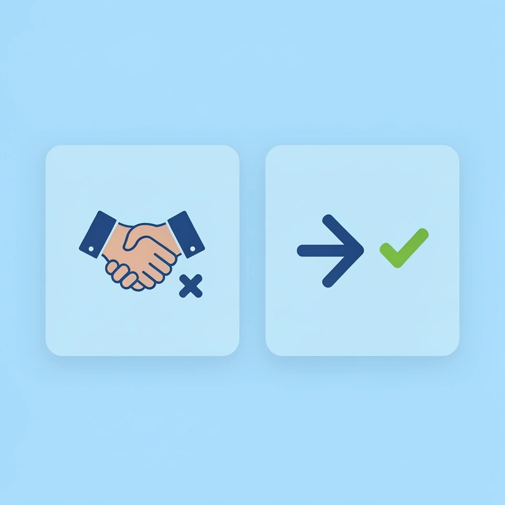 Before and after comparison: left side shows direct sales approach with X mark, right side shows trust-building approach with checkmark