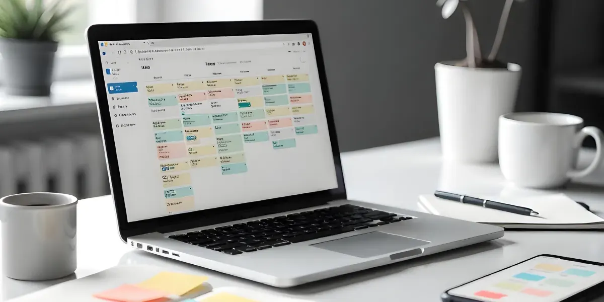 laptop on a table - 30 Day Social Media Content Calendar