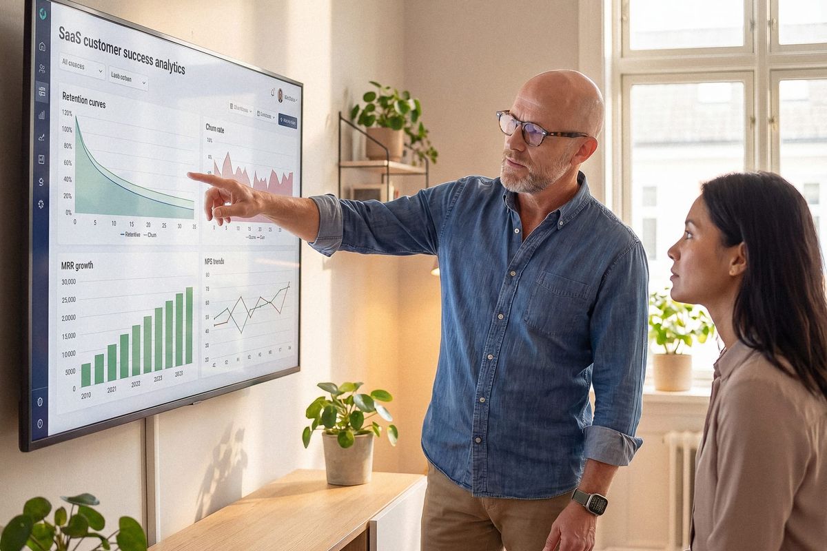 Dashboard showing SaaS retention curves, churn rate trends, and MRR growth – the three metrics that indicate where trial-to-paid conversion is failing.