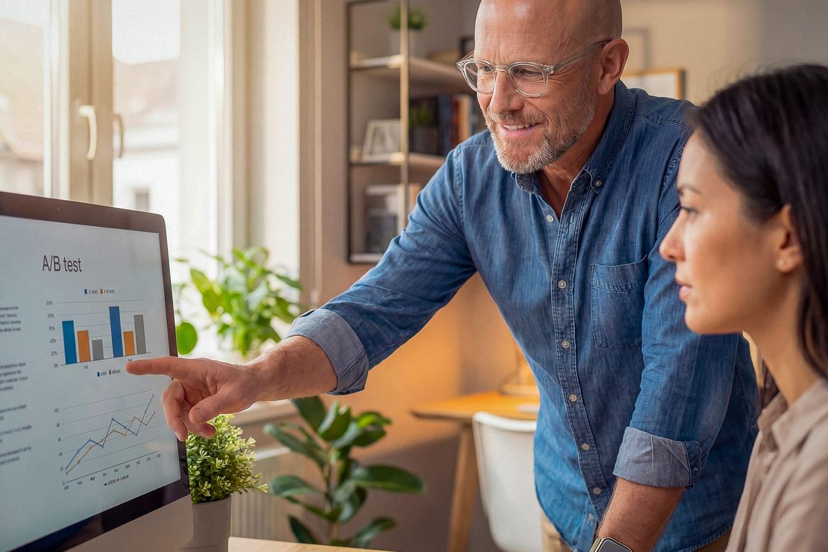 SaaS conversion rate optimization dashboard showing A/B test results and upward performance trend