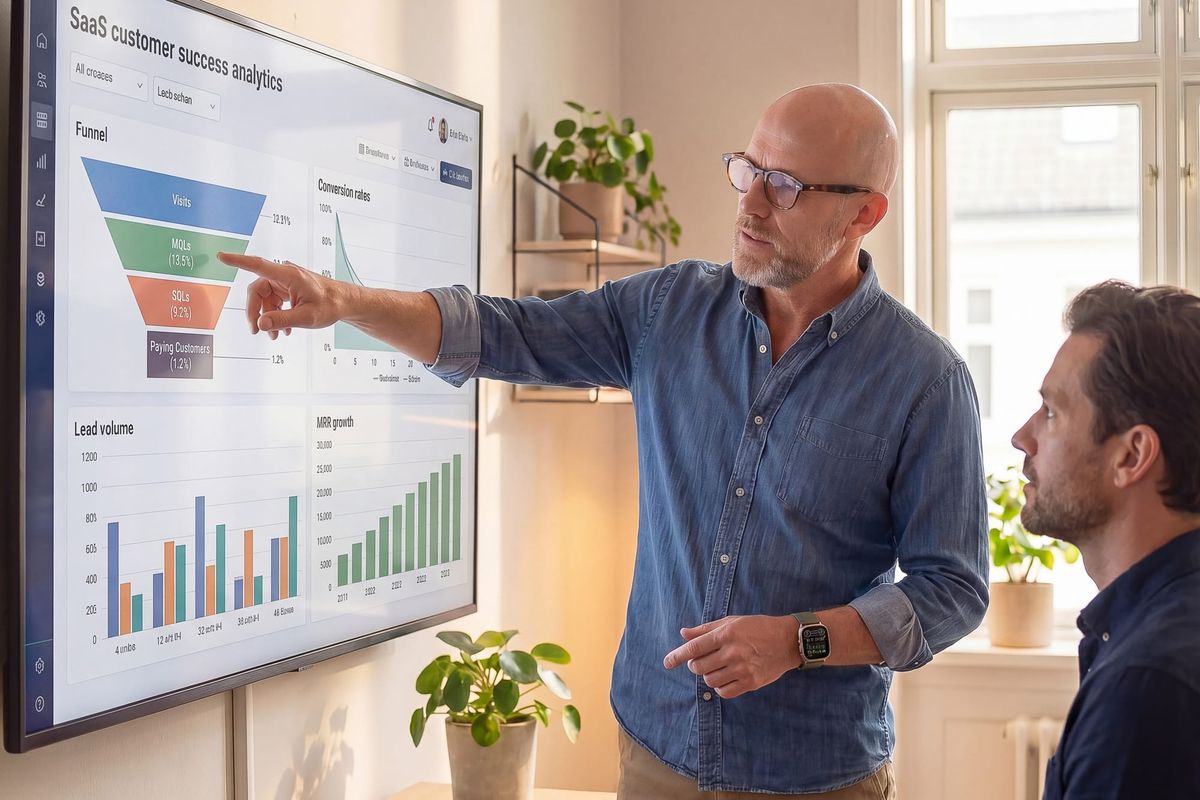 Finge Holden, founder of ConversionLab, explaining a SaaS conversion funnel from visitors to paying customers with a client.