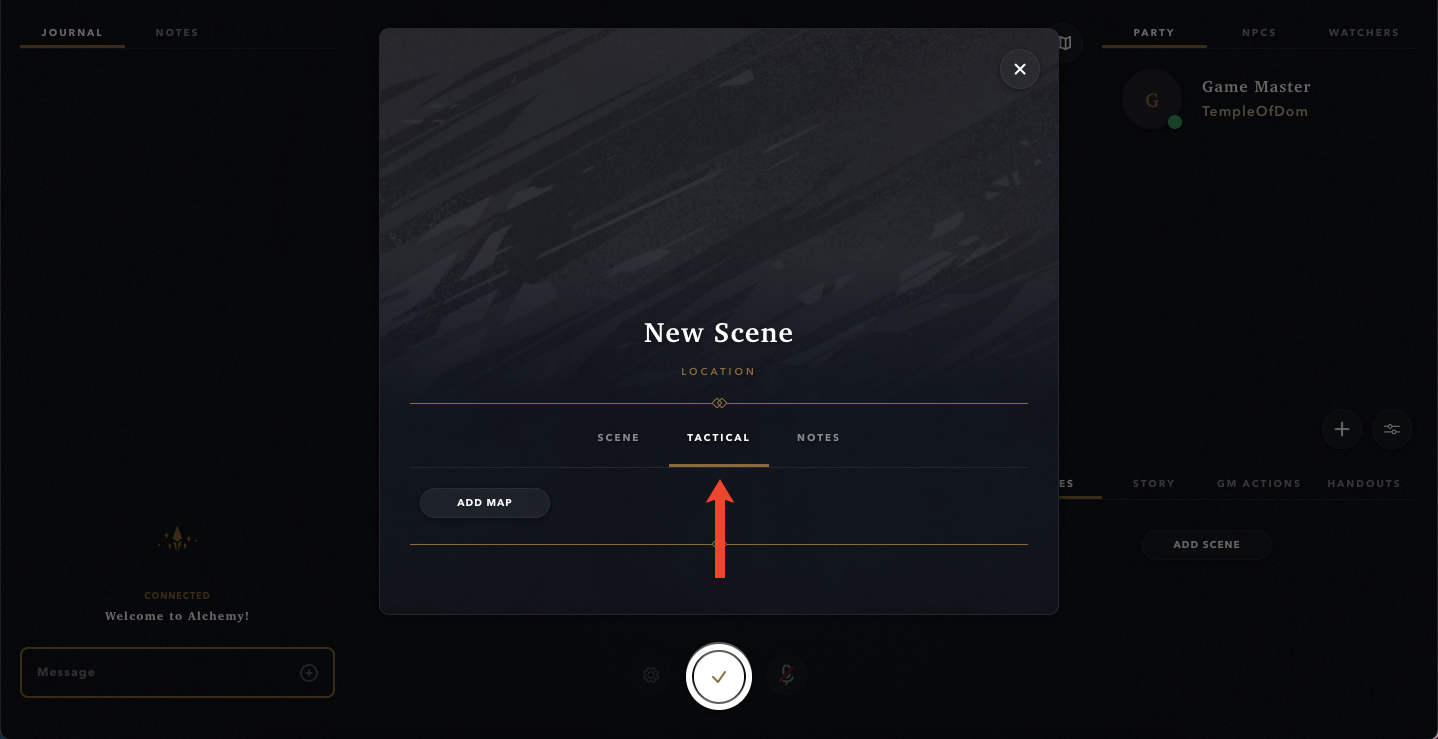 Image of an Alchemy RPG New Scene window with the Tactical Tab selected.