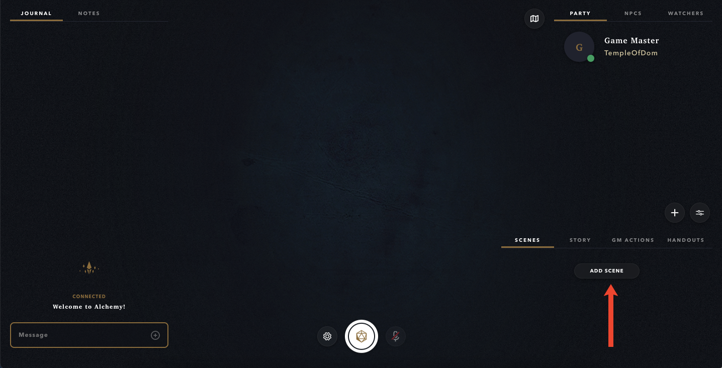 Image of an Alchemy RPG Game window with the Add Scene button