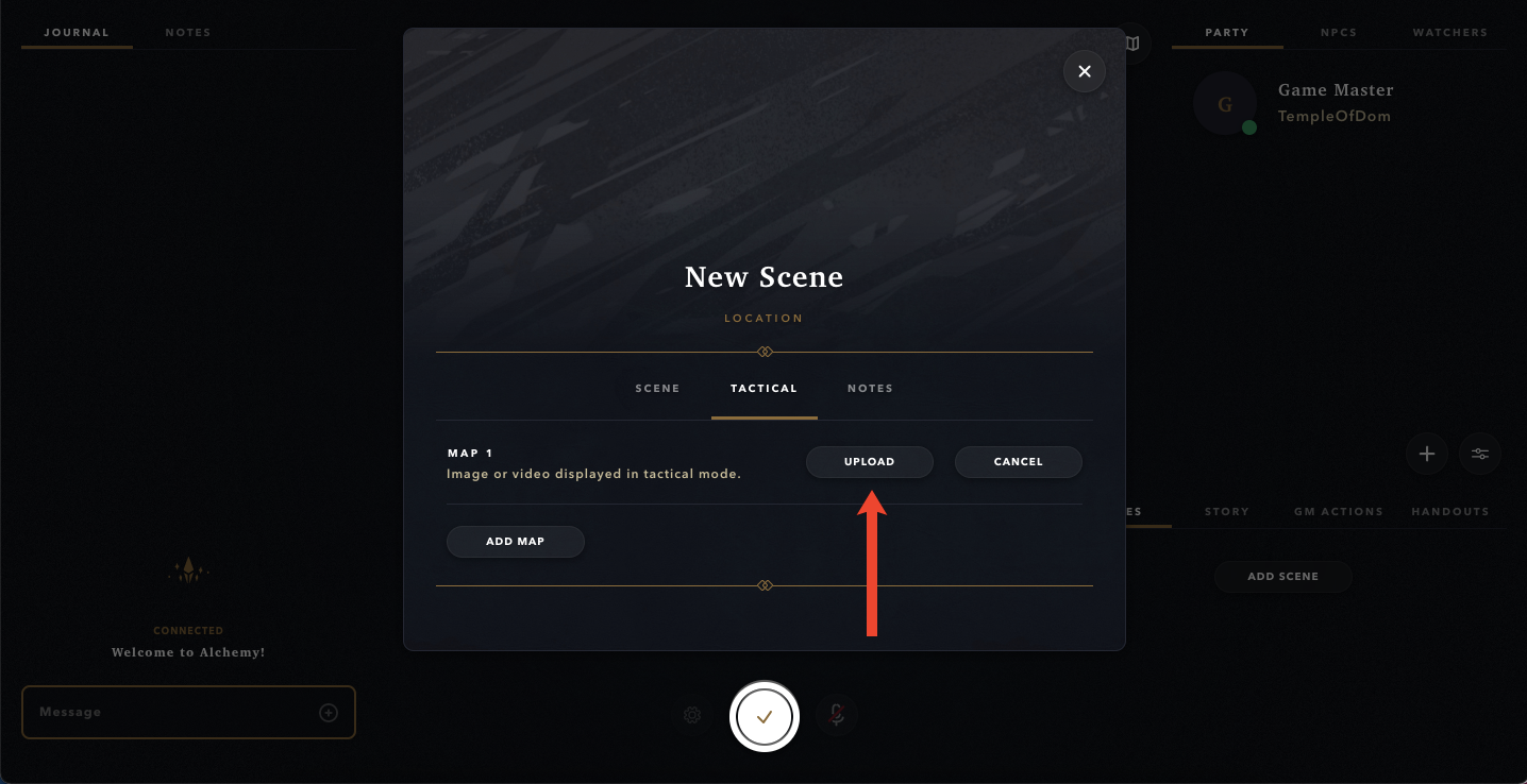Image of the Alchemy RPG New Scene window with the Map 1 Upload button indicated.