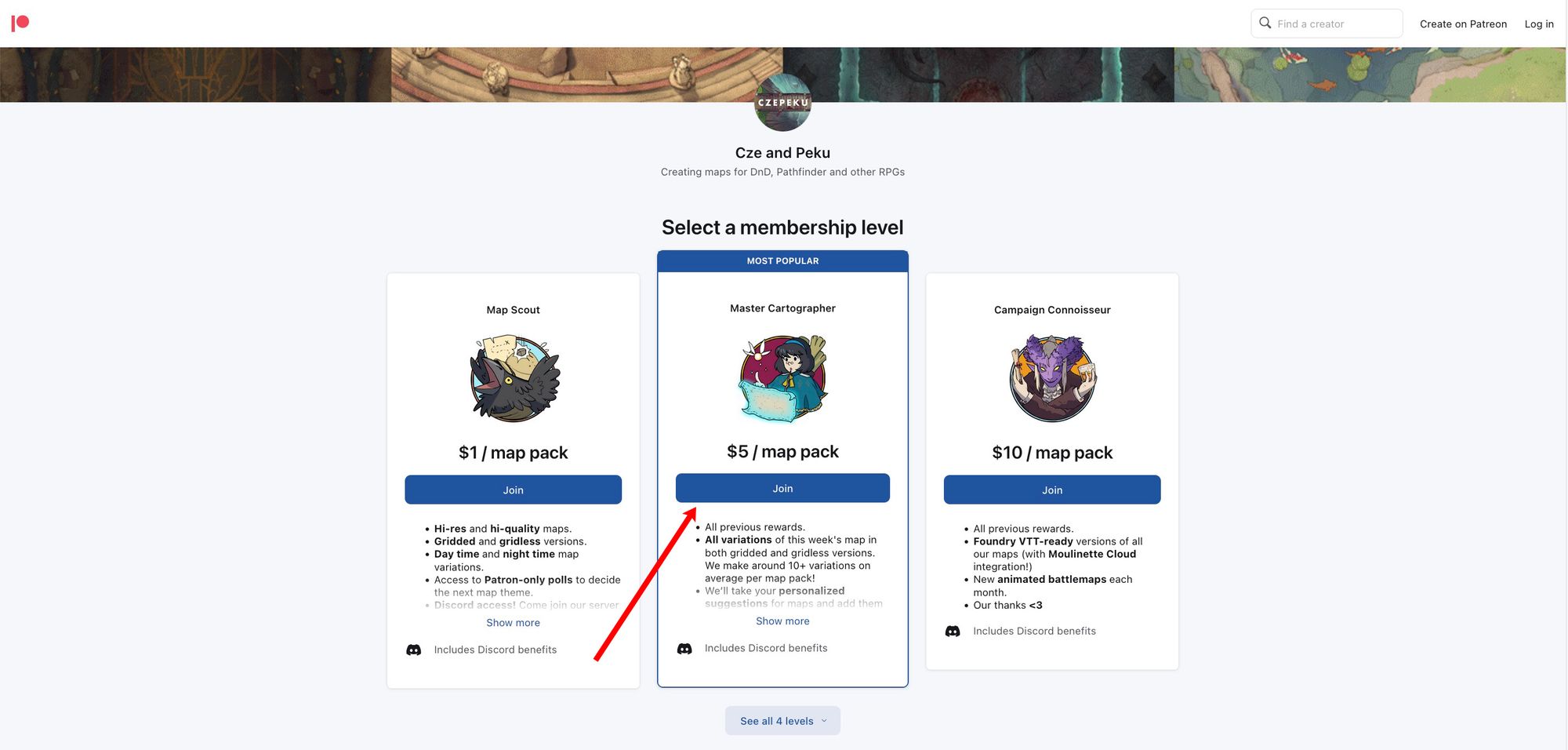 Image of the Select a Membership page from the Czepeku Patreon. A red arrow points to the $5 membership level.