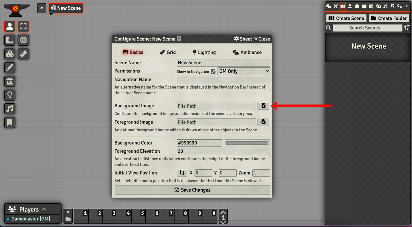 Image of the Foundry VTT Configure Scene Window with the Basics tab selected.