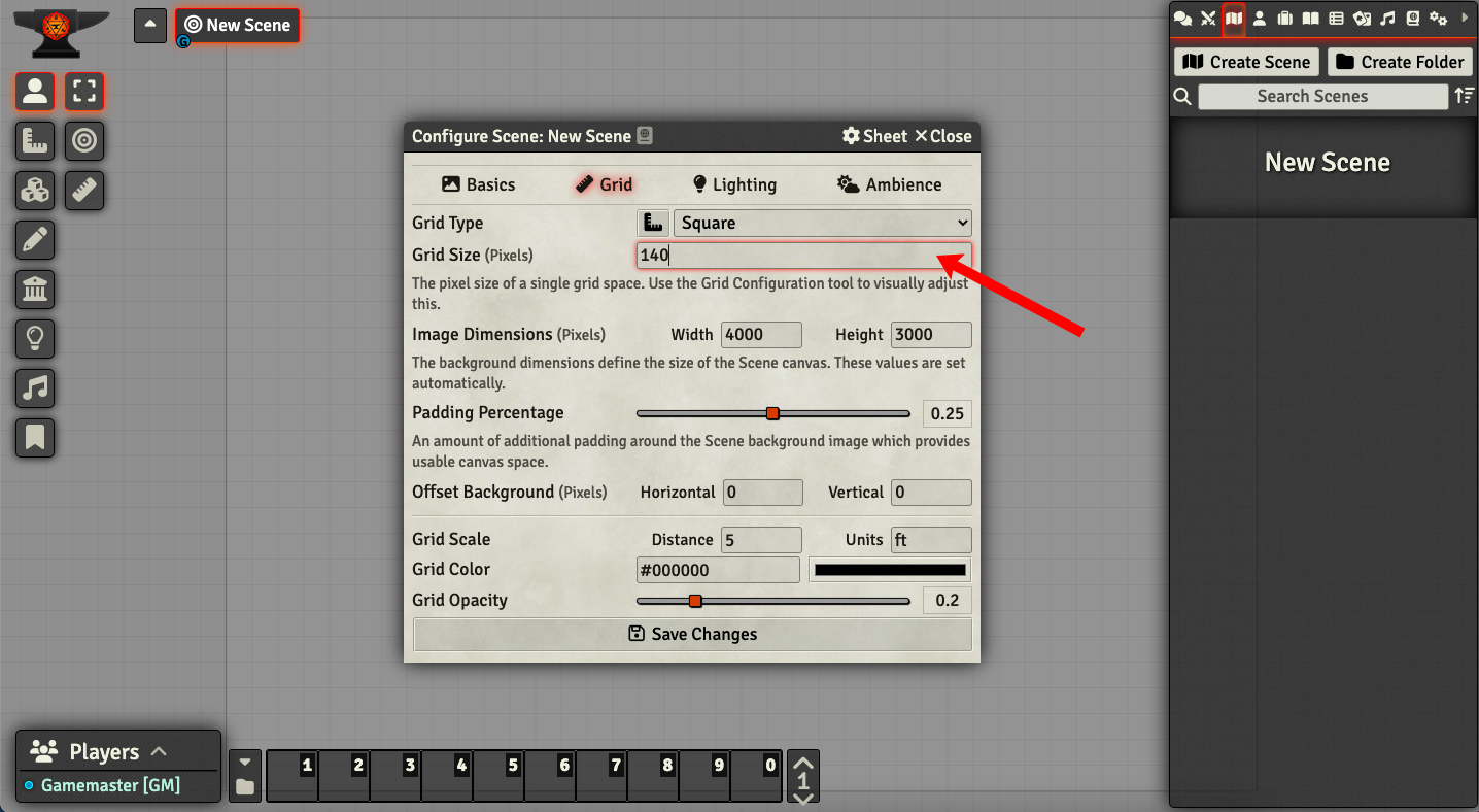 Image of the Foundry VTT Configure Scene window with the Grid tab selected.