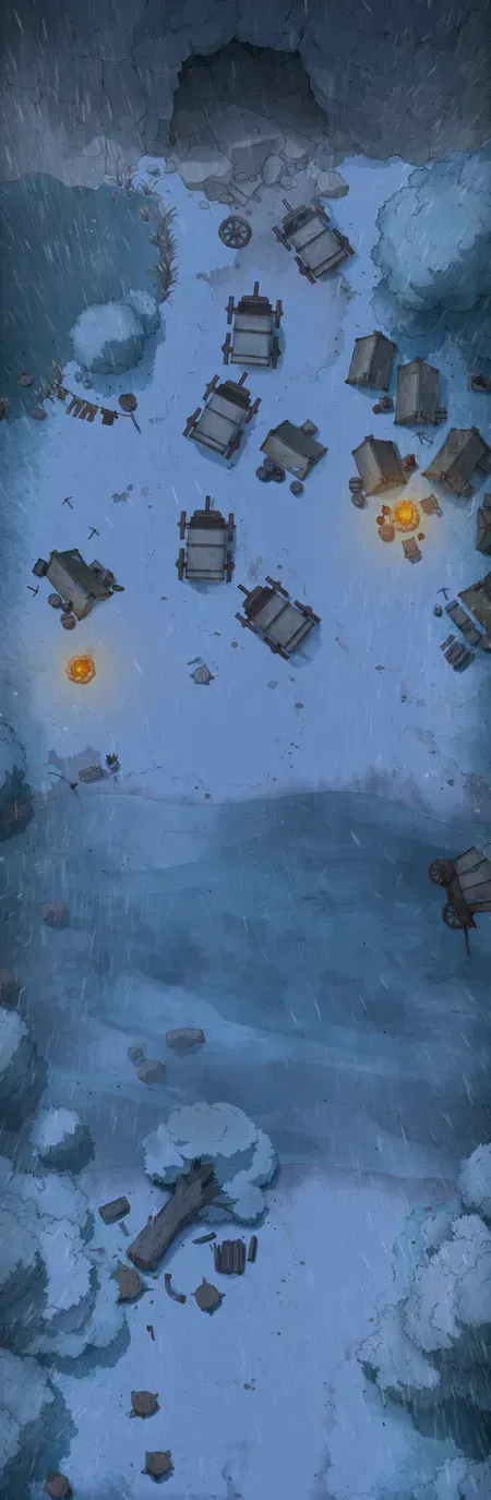 Drawn image depicting a snowy night with a frozen river, cluster of wagons & tents, and a rubble-filled hole in a cliffside.