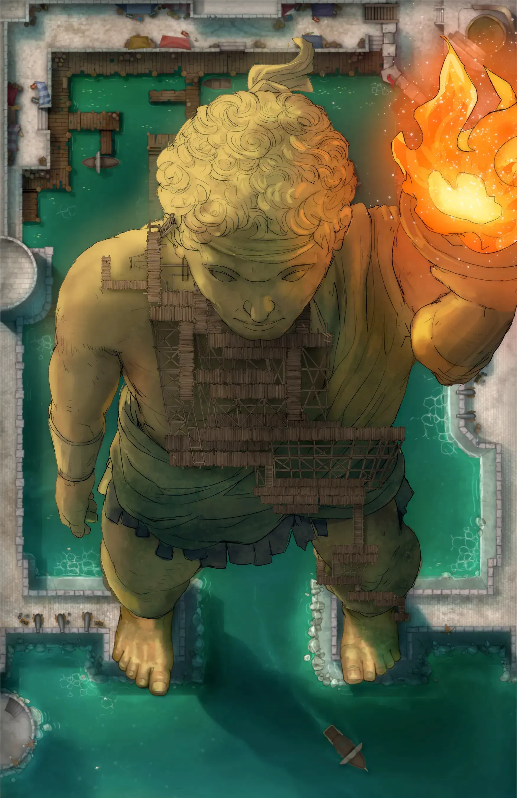 Drawn image of a colossal golden statue straddling the entrance to a port. Scaffolding winds up the massive leg and torso. A giant hand holds a flaming torch.