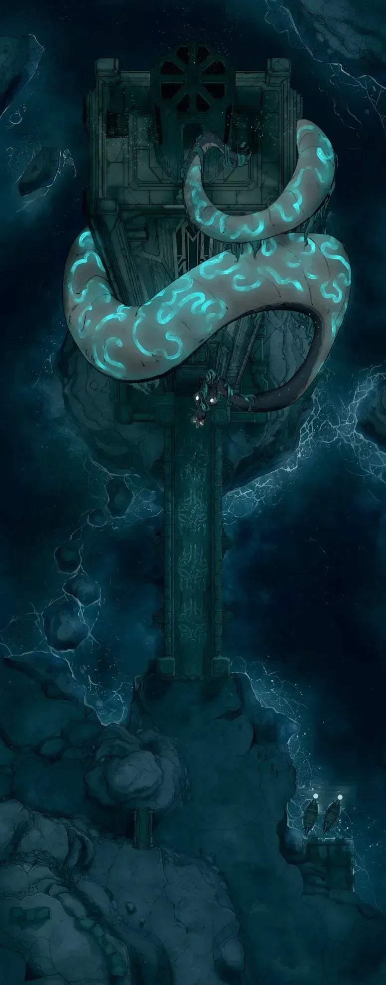 Drawn Image of a lighthouse and rocky cliff connected by a stone bridge. The lighthouse is surrounded by huge snake rising out of the dark water.