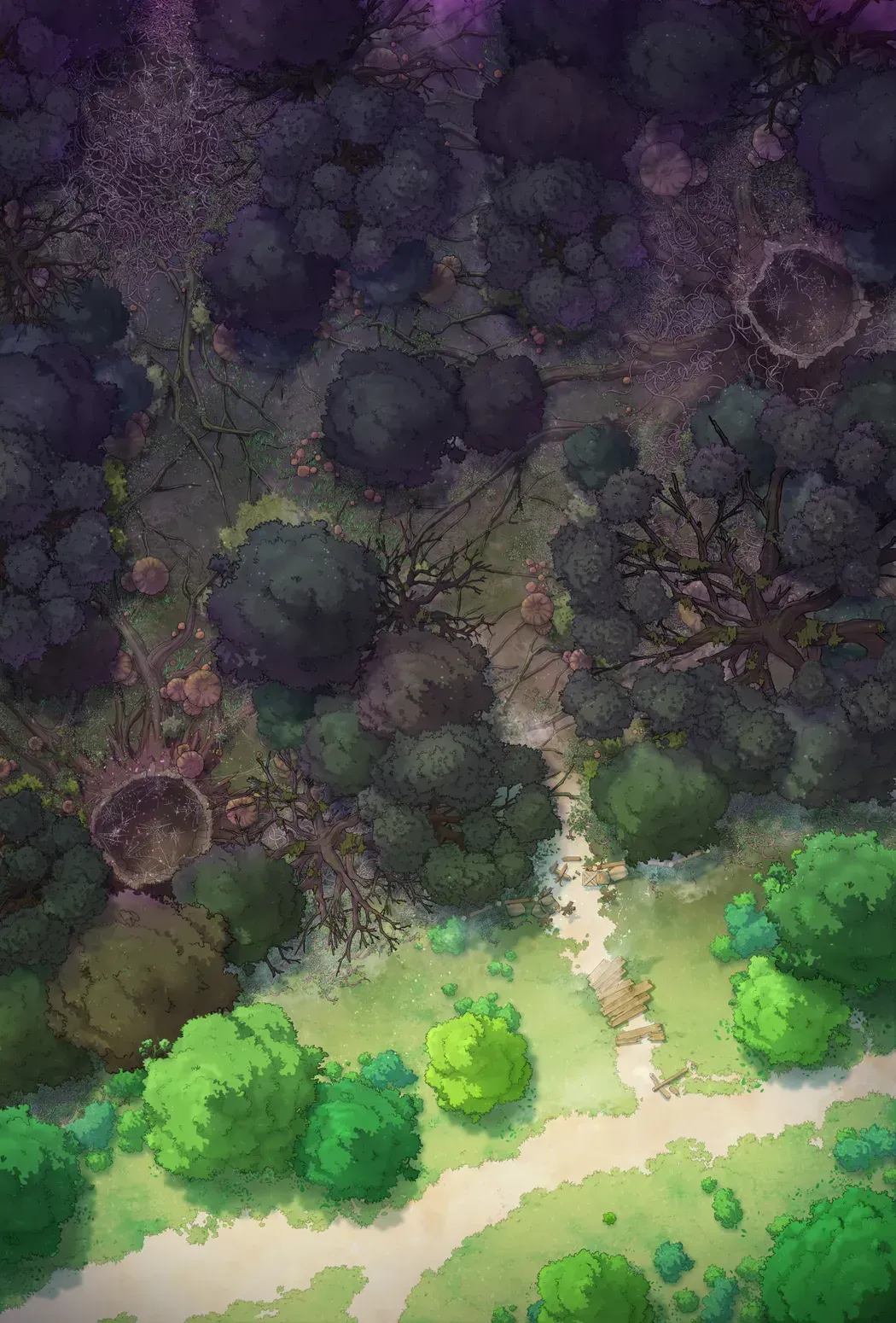 Drawn Image showing the border between a bright path and a dark forest. Dark trees, mushrooms, brambles, and webs of roots fill the forest.