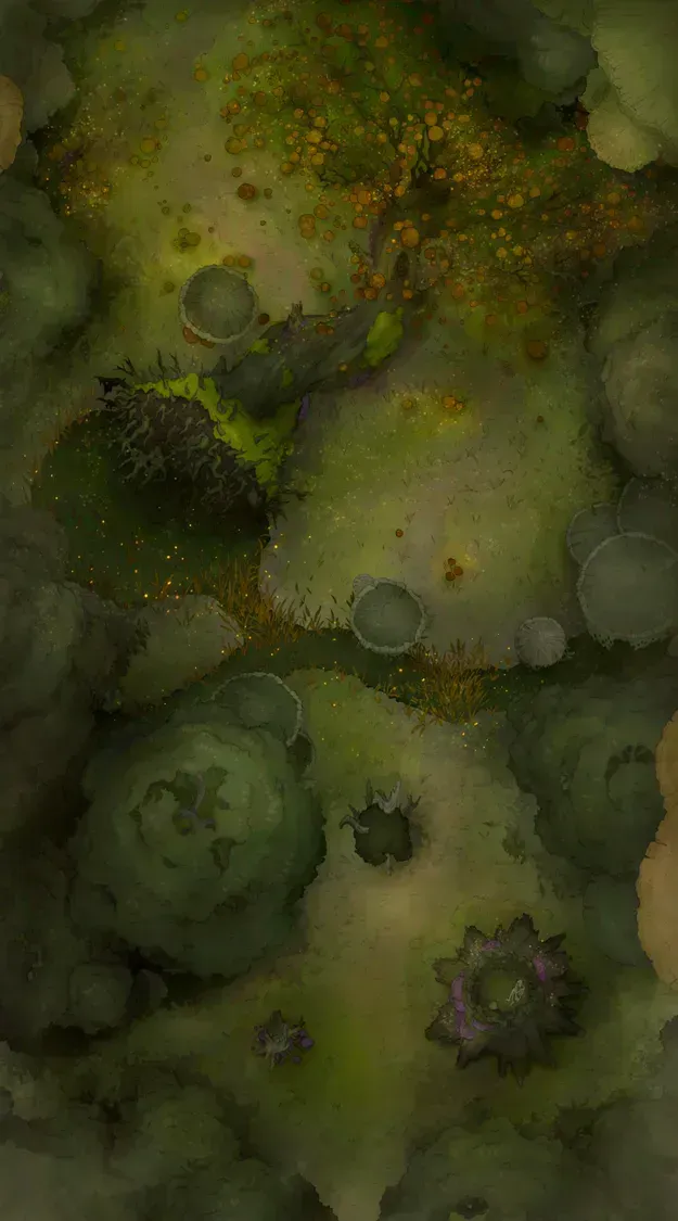 A drawn image of a marshy fen with an uprooted tree, glowing firefly motes, and numerous trees and waterway seen from the top down.