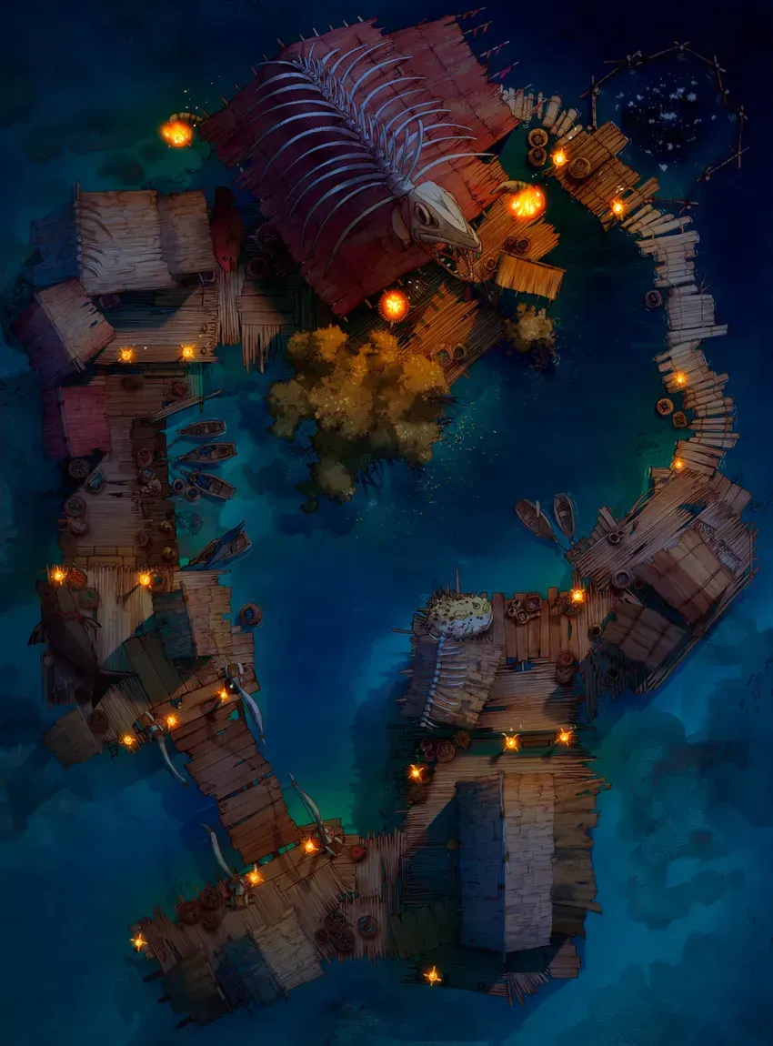 Drawn image of a floating village over blue and green water. The huts are connected by wooden docks and bridges.
