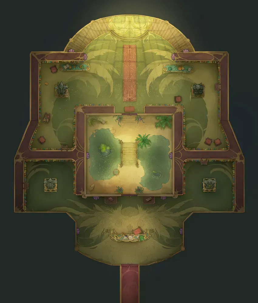 Image of a library lobby including a desk, statues, and a small inner courtyard