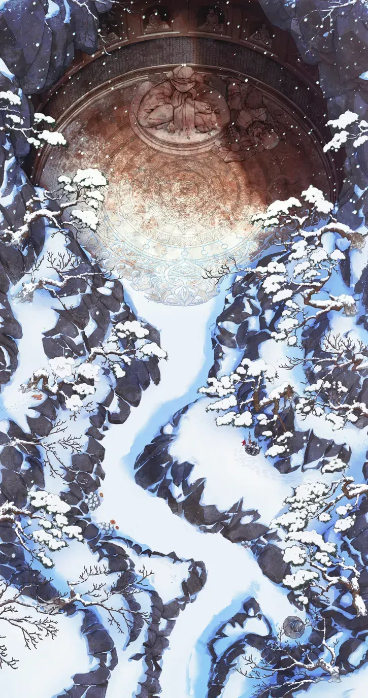 Drawn image of a snowy, winding mountain pass leading to a large cave temple with a broken statue.