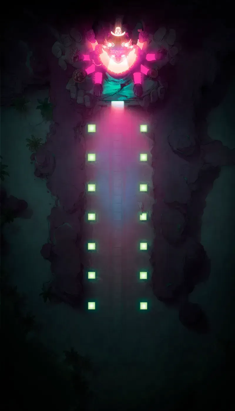 Image of a dark desert entrance to a necropolis. The path to the entrance is light by neon green columns. At the top of the map is a horned, many-armed deity lit in neon colors.