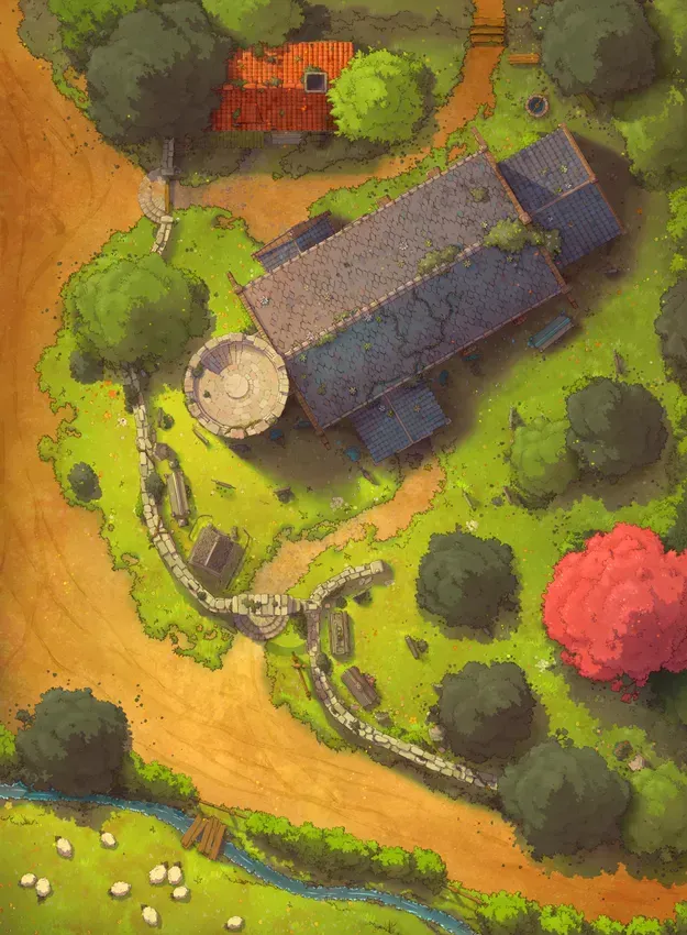 A drawn image depicting a country road. Behind stone walls, a path leads to a church and a small house. 