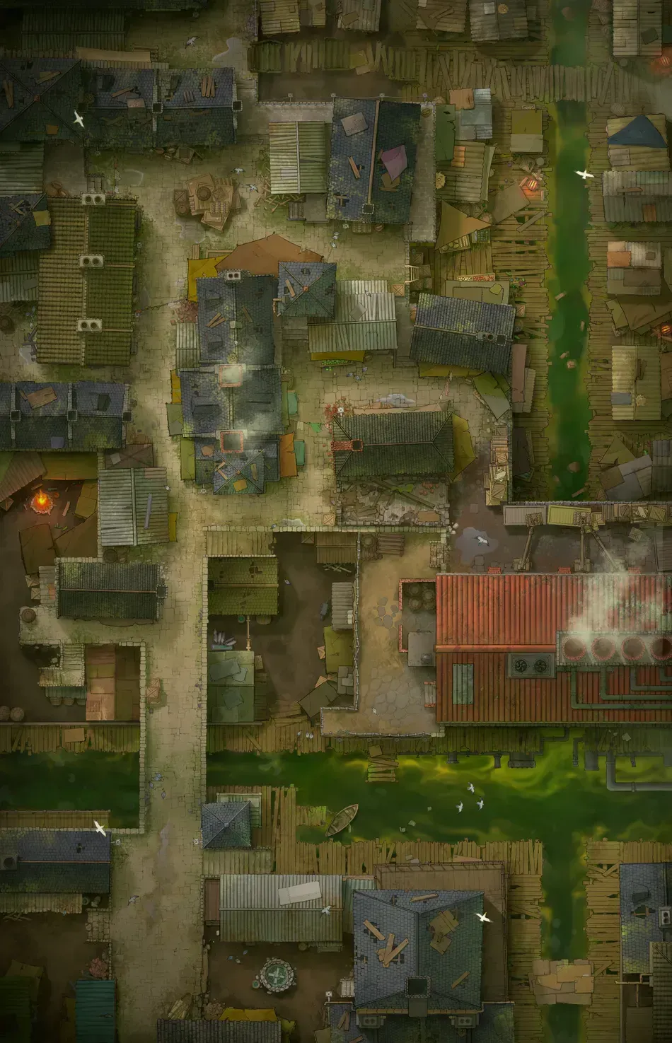 Drawn image of a ramshackle slum with cobble streets, sickly green canals with rickety docks, and rundown buildings.