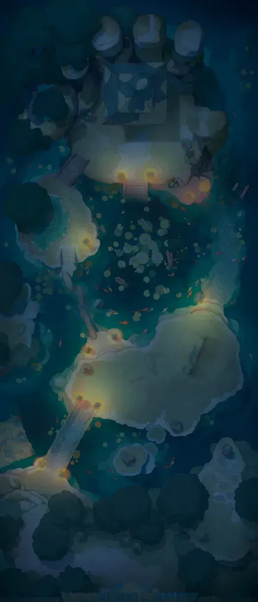 A drawn image of irregular stone islands above blue-green water dotted with lily pads. Stone bridges connect the islands. Lamps dim lamplight shines on the bridges.