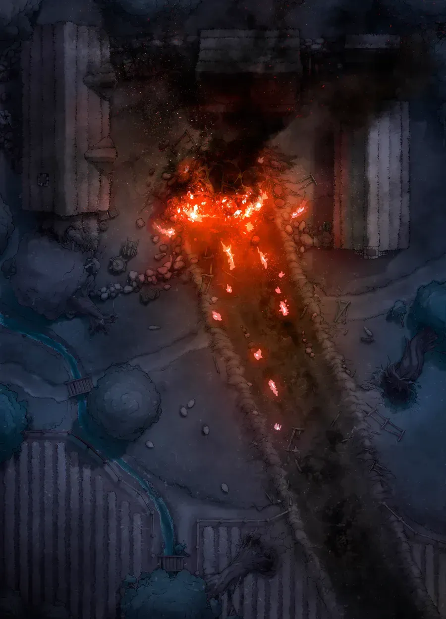 A drawn image showing the impact site of a flaming comet across a field and into the courtyard between three houses.