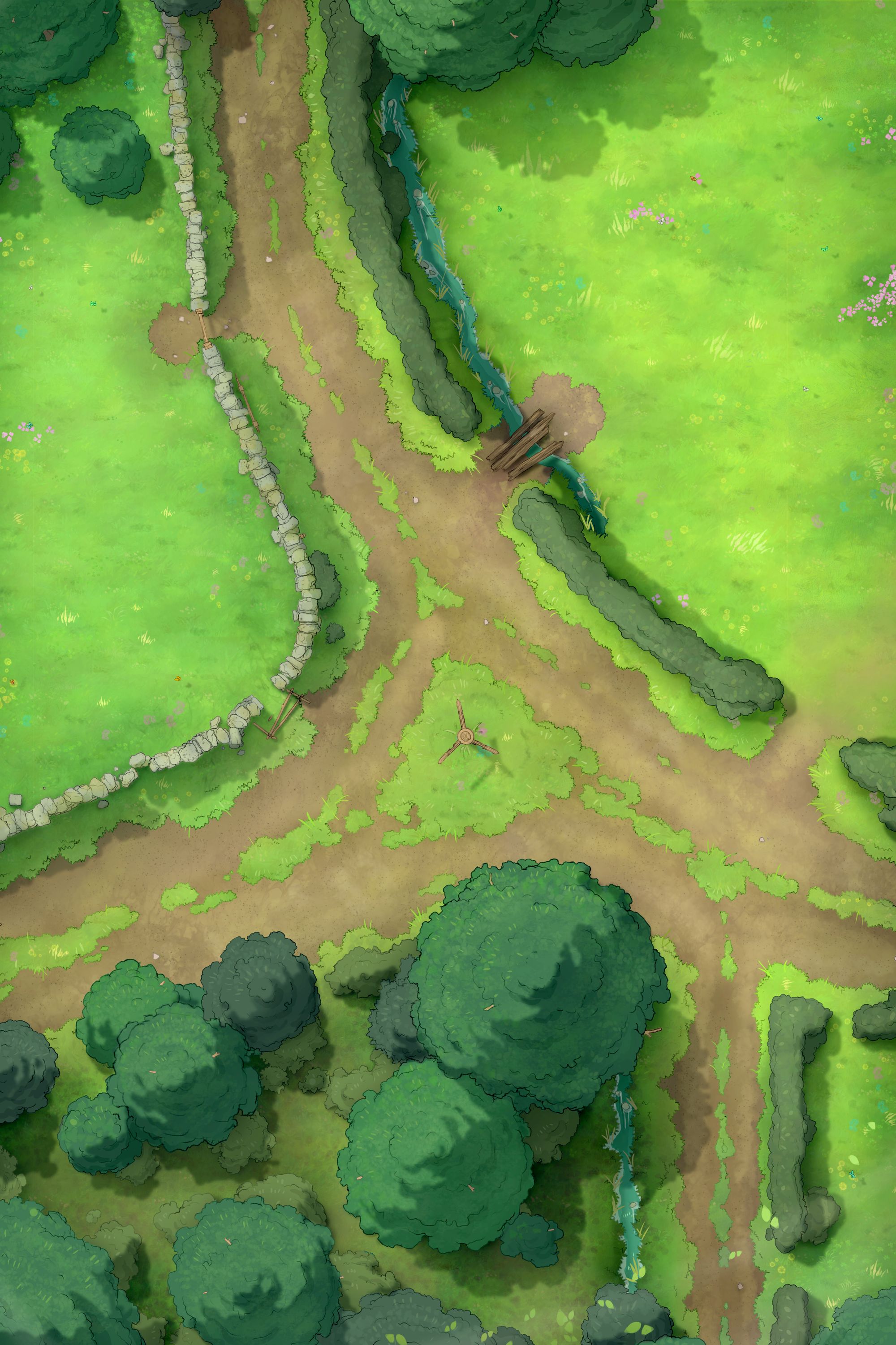 A drawn image of a country crossroads. Three paths meet in a triangle. There are woods to the south, and fields to the east and west. A signpost is at the center of the paths.