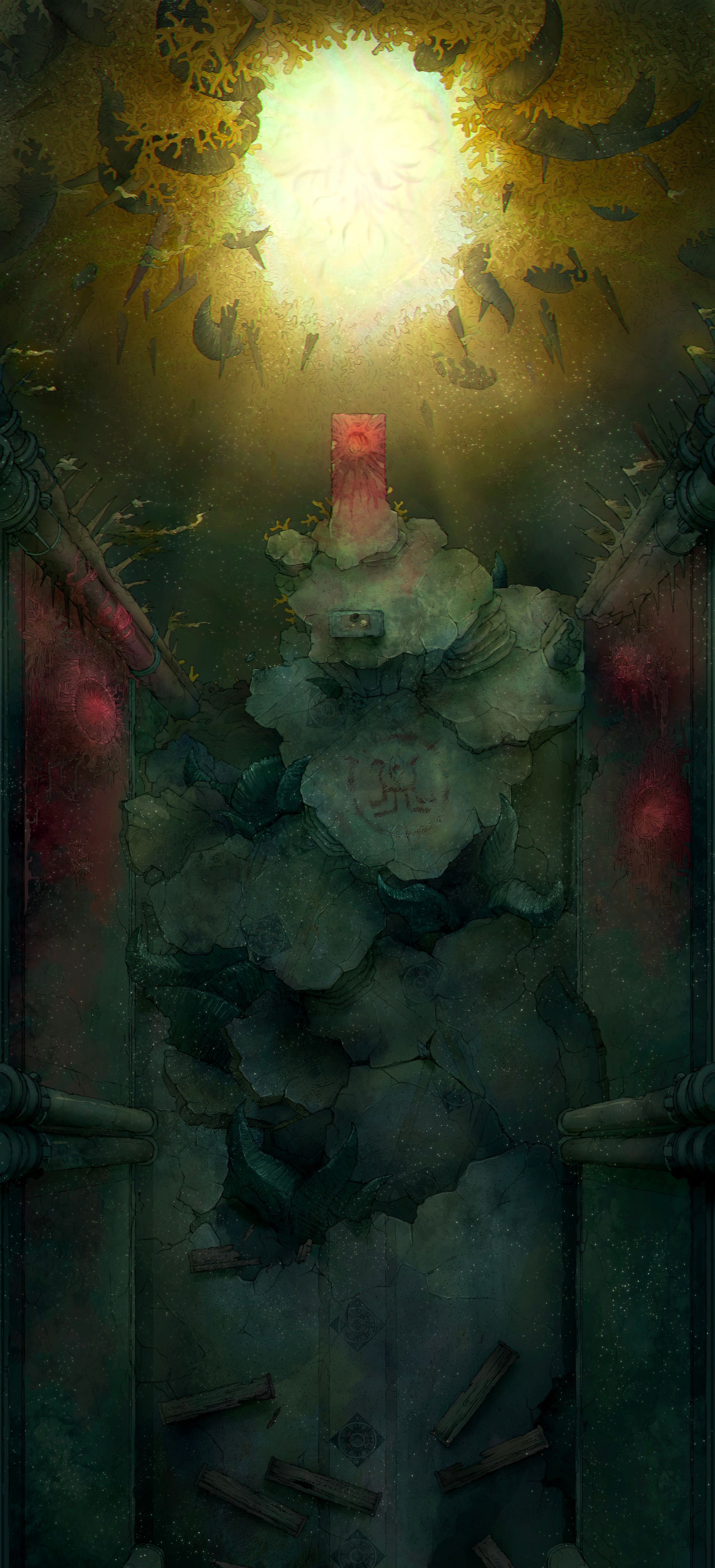 Hand drawn image of a broken church nave. Claws and tentacles reach out from between broken slabs of stone. Above a bloody altar, tentacles and spikes poke through a glowing golden portal.