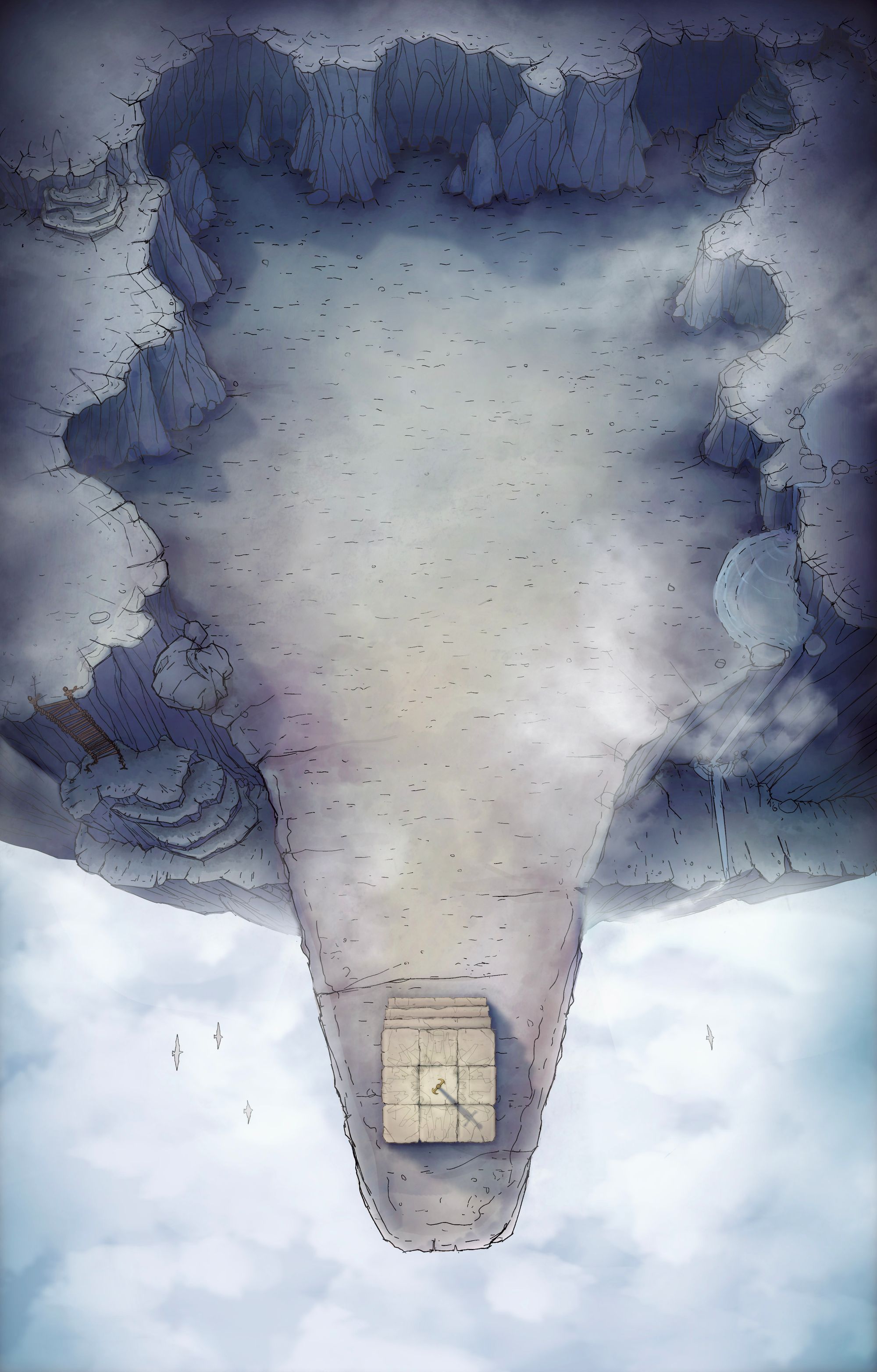 A drawn image of a stone altar jutting over cloudy skies. A path along the cliff below the altar leads to a large open area in front of the altar outcropping. A sword is embedded in the altar.