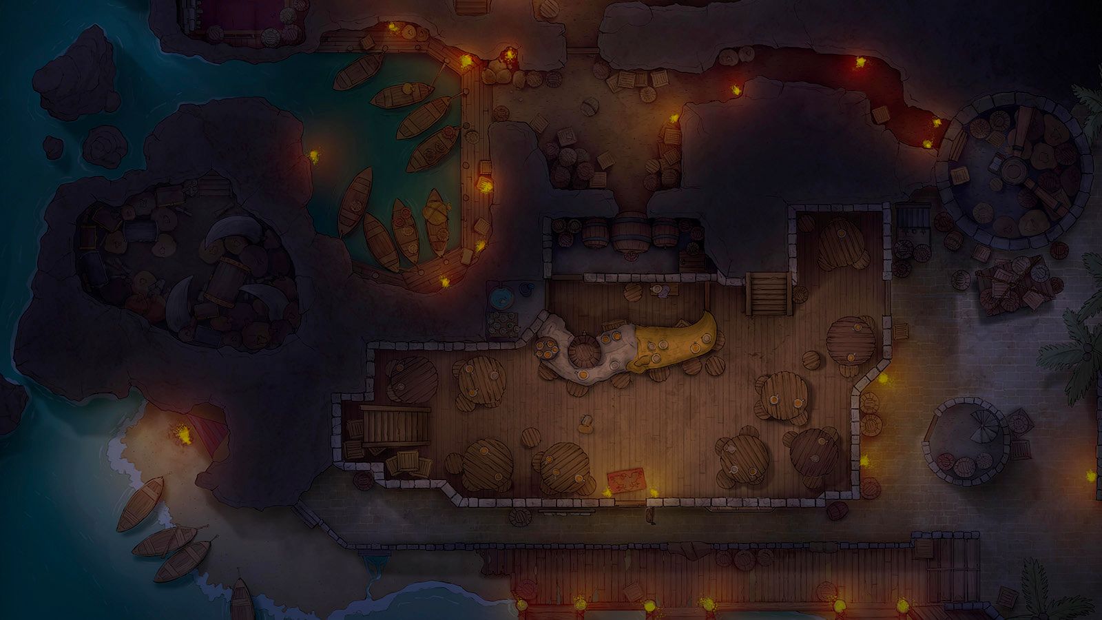 A hand drawn battlemap of a pirate tavern by the sea at night, illuminated by torchlight.