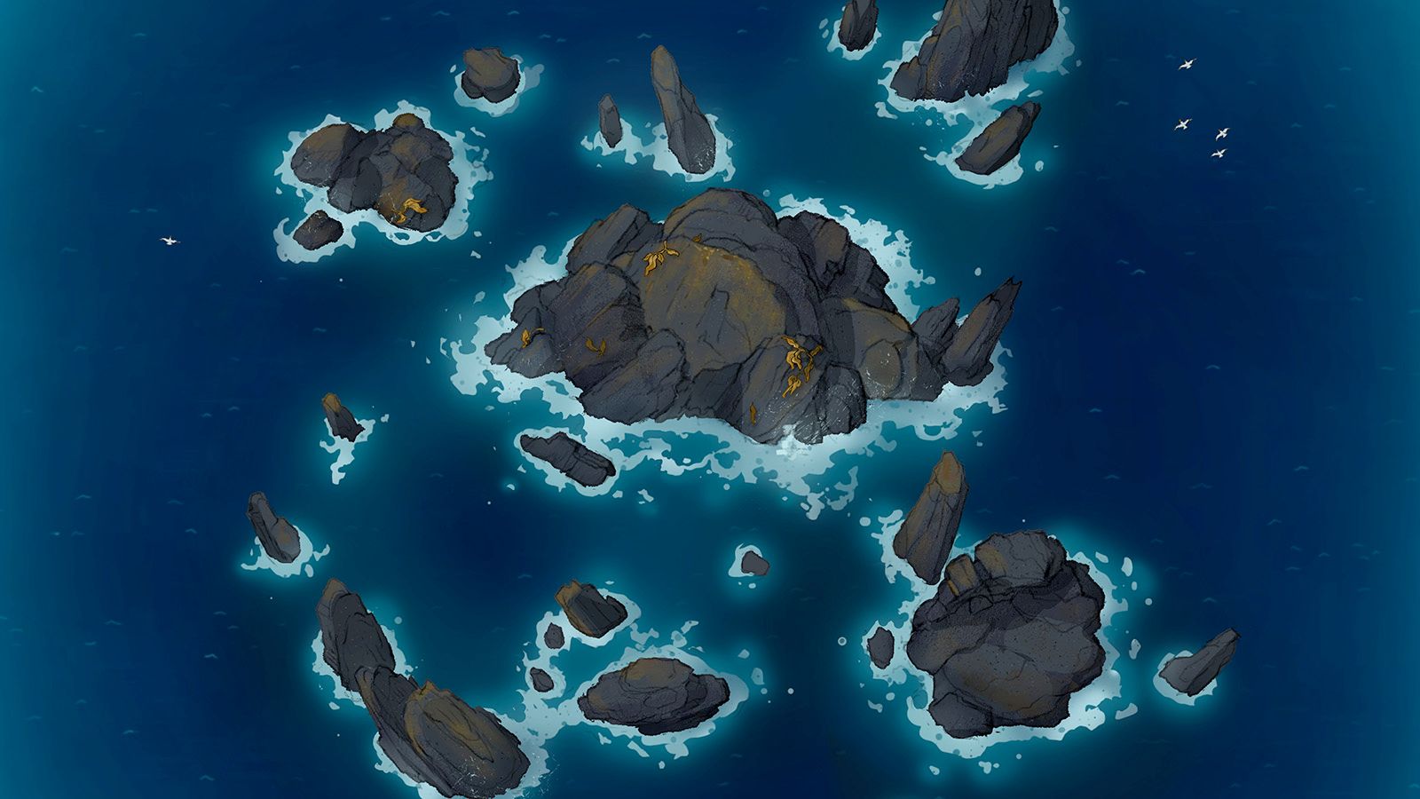 A hand drawn battlemap of a cluster of rocks in an open ocean.