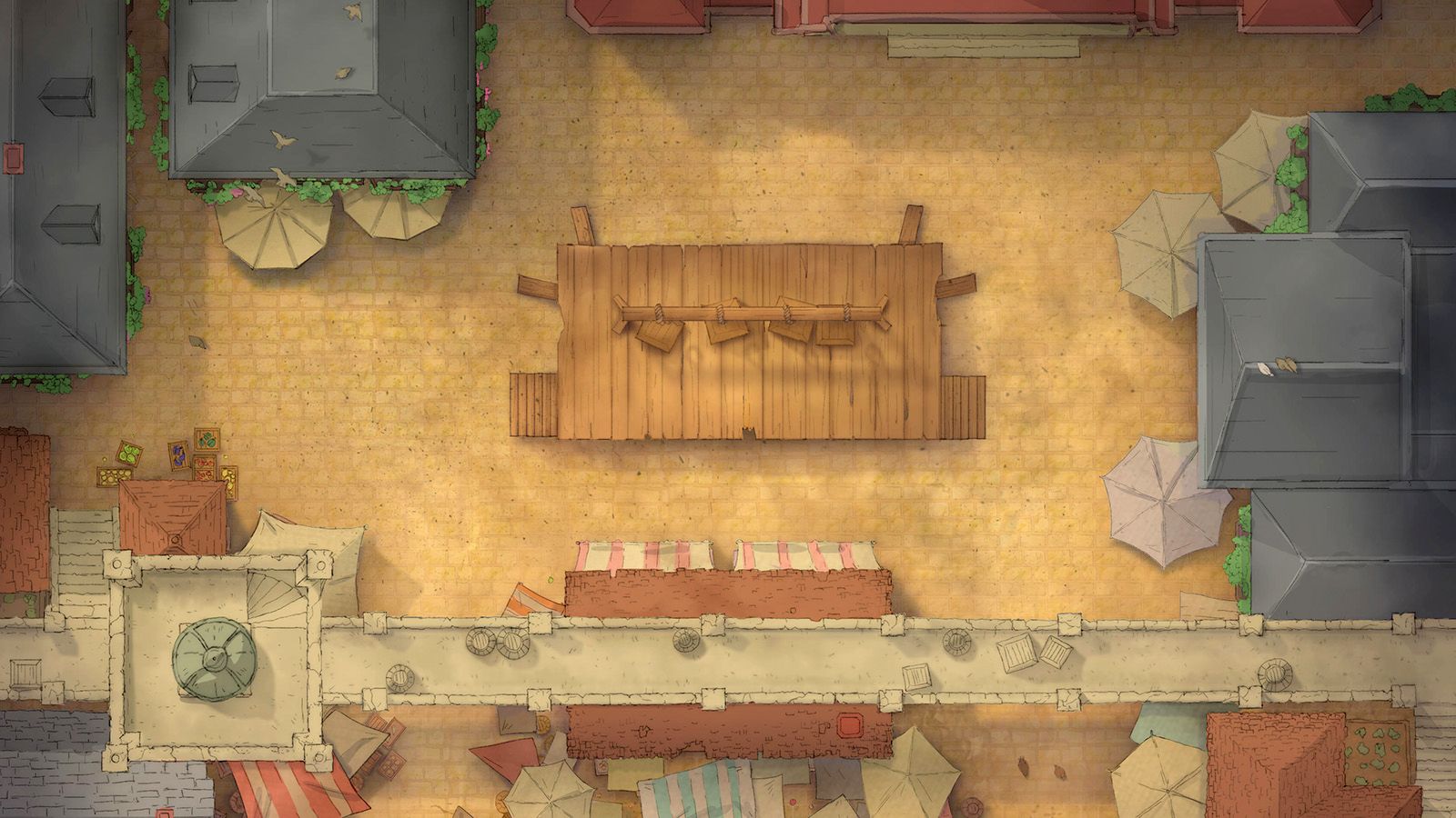 A hand drawn battlemap of a bustling city marketplace featuring gallows.