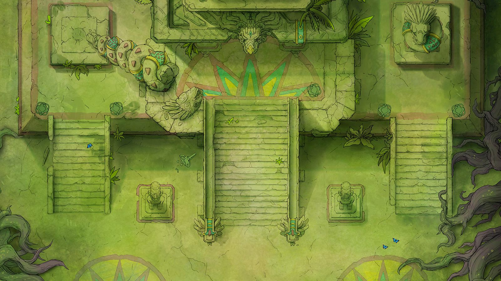 A hand drawn battlemap of a Couatl temple deep in a jungle.