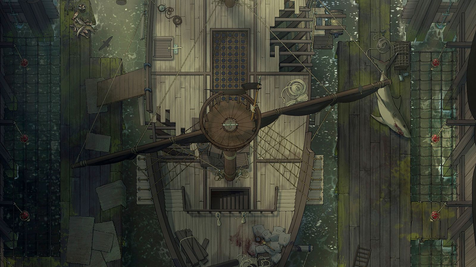 A hand drawn battlemap of a secret pirate lair with a hidden, docked ship.