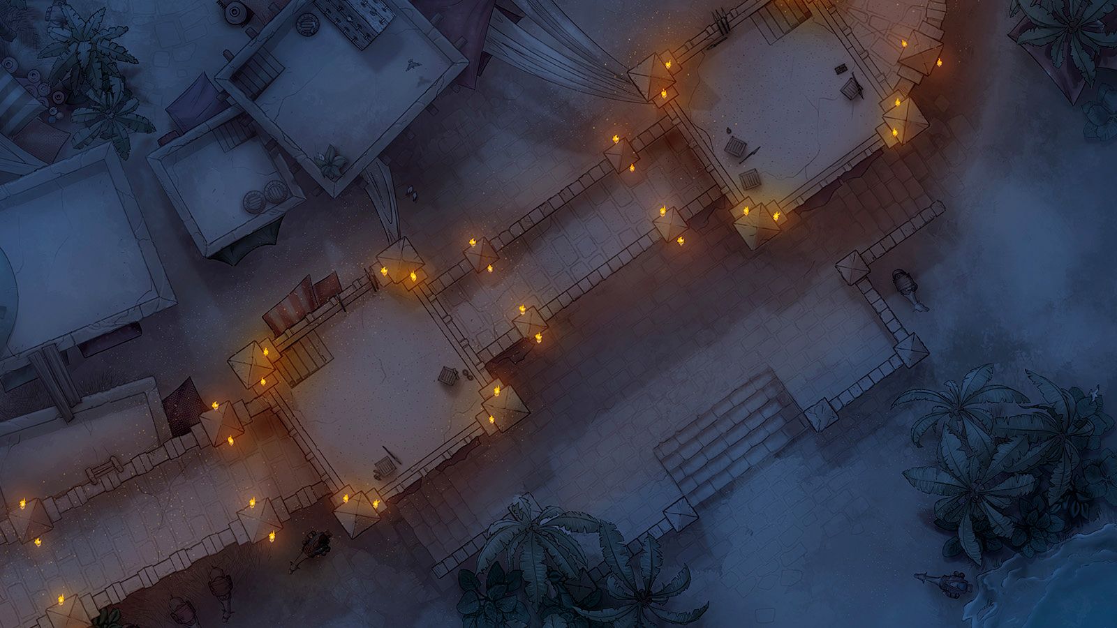 A hand drawn battlemap of a walled-off beachside town at night, illuminated by torchlight.