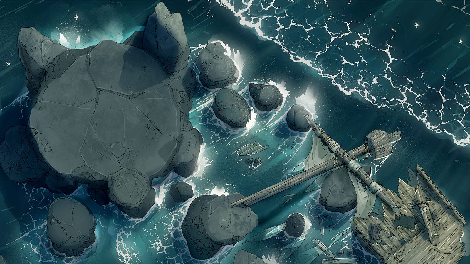 A hand drawn battlemap of a ship wrecked on a rocky shore.