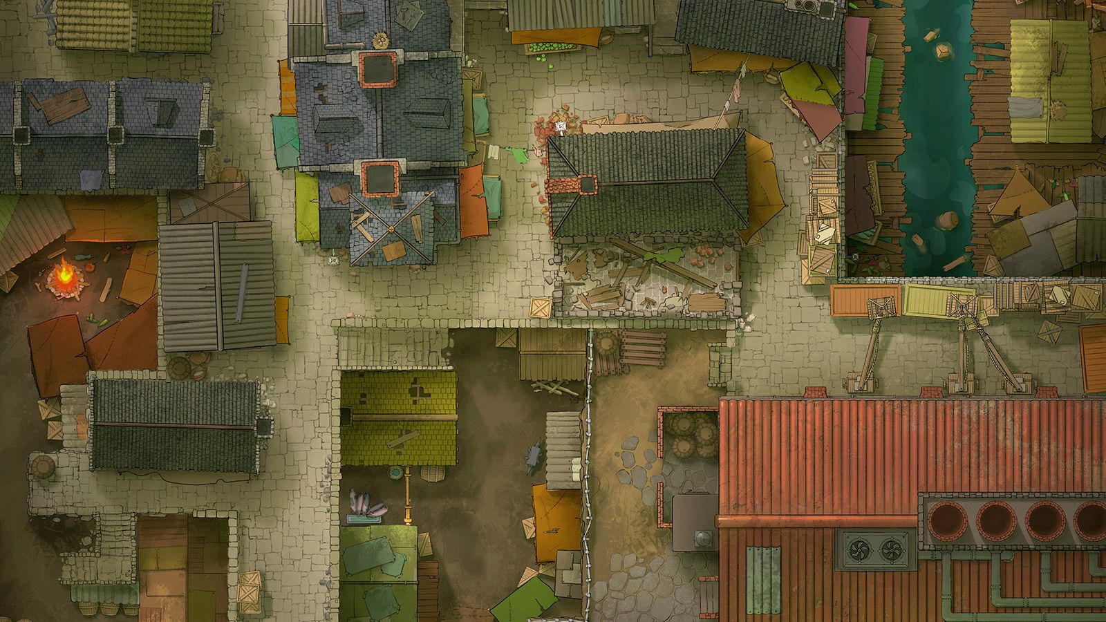 A drawn battlemap of a slum district in a port town.