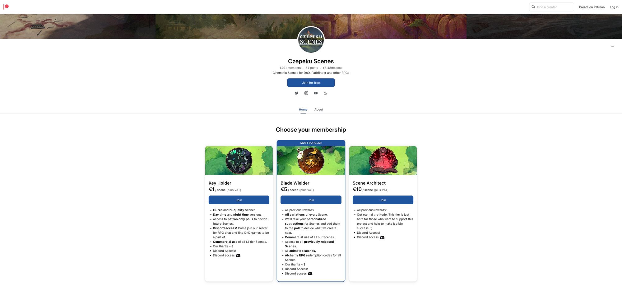 Subscription page on Patreon.