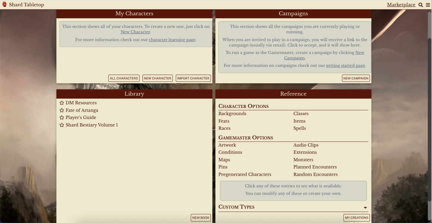 The Play Page on Shard Tabletop