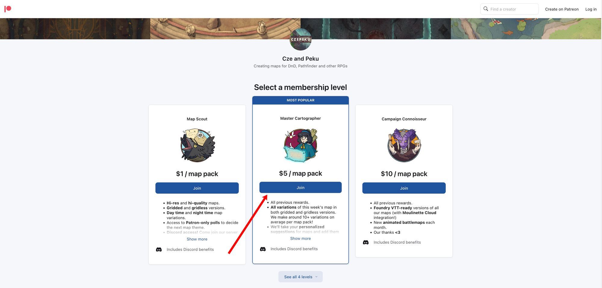 A screenshot of the Czepeku maps membership page on Patreon.
