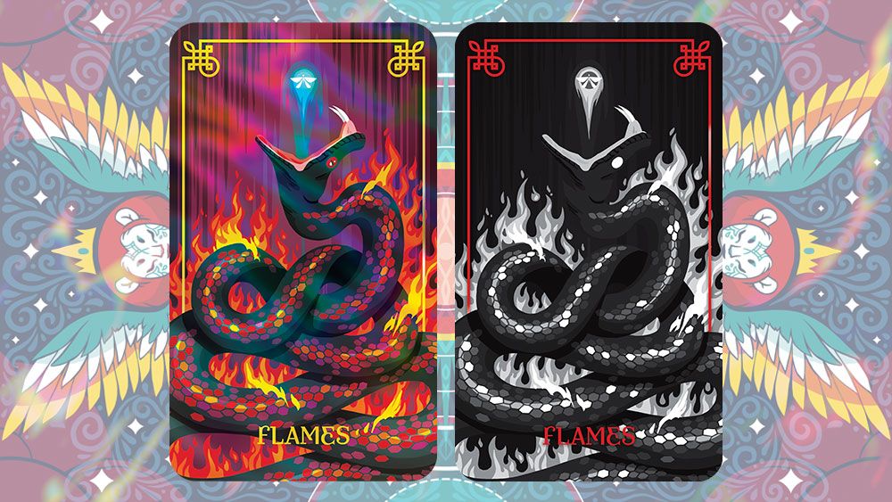 Two hand drawn cards from the Deck of Many Things, depicting a fiery serpent from both the overworld and the underworld.