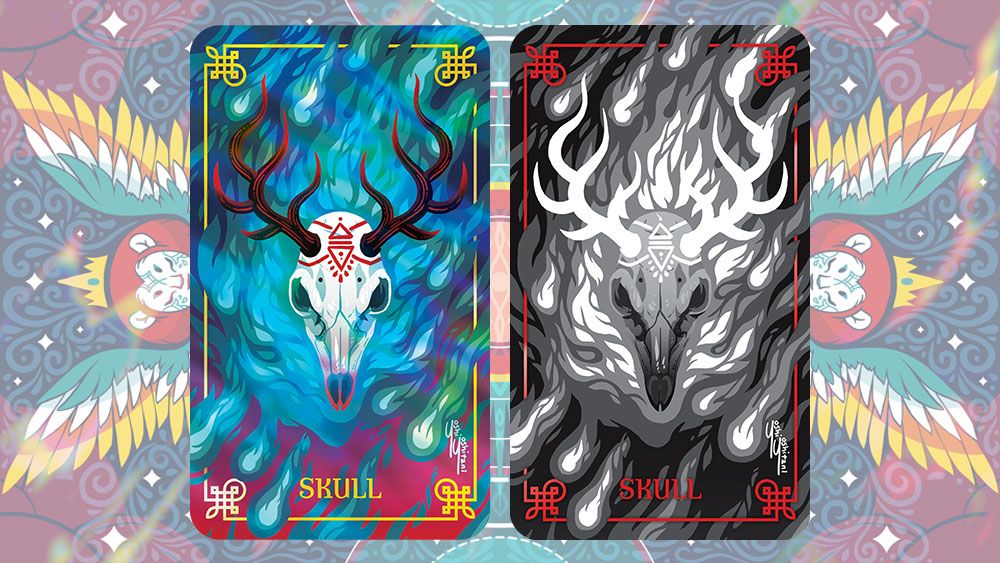 Two hand drawn cards from the Deck of Many Things depicting a stag's skull in both the overworld and the underworld. 