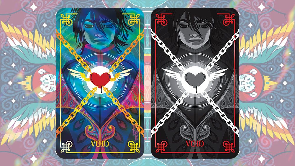Two hand drawn cards from the Deck of Many Things, depicting the 'Void' - a heart suspended in chains - in both the overworld and the underworld.