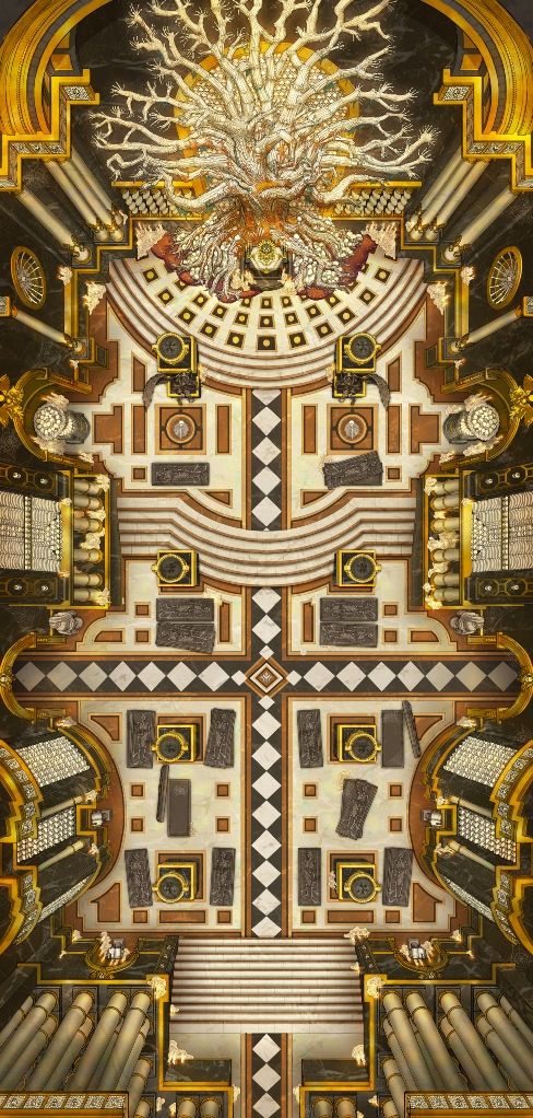 A hand drawn battlemap of The Bone Dryad Ossuary in daylight.