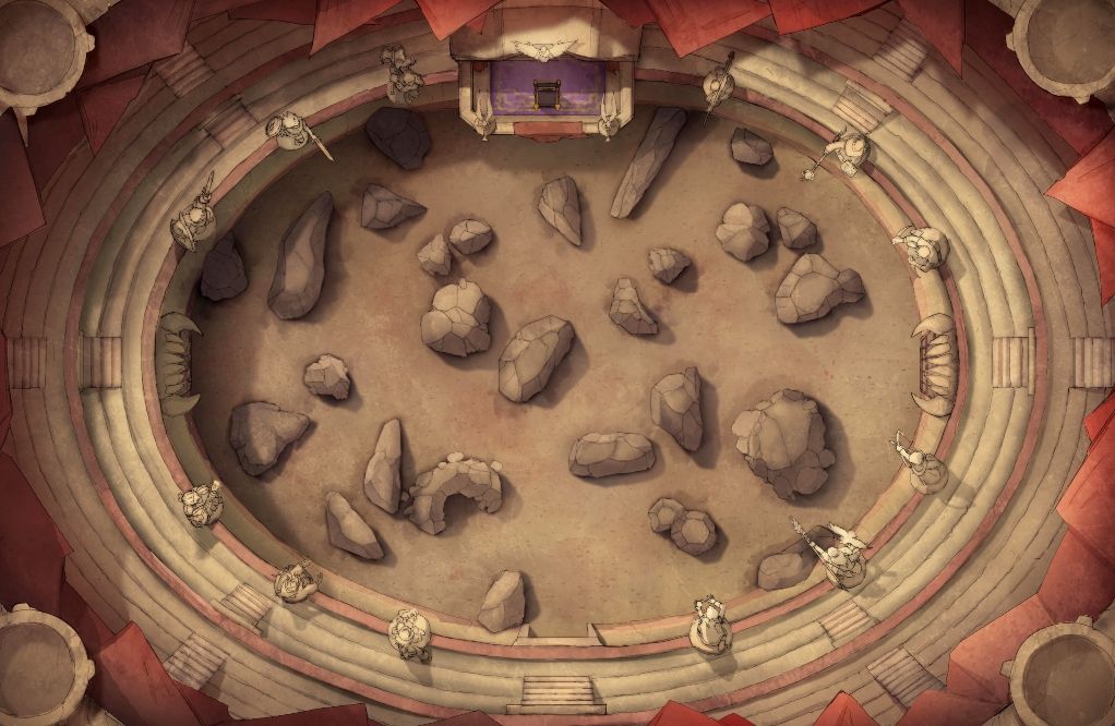 A hand drawn battlemap of a large Rome-inspired arena with large rocks dotted across its sandy floor.