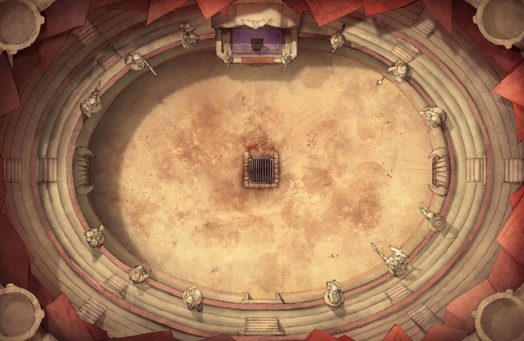 A hand drawn battlemap of a Rome-inspired grand colosseum with a blood-soaked monster pit in its centre.