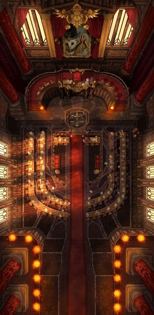 A hand drawn battlemap of a grand courtroom lit by many flickering candles.
