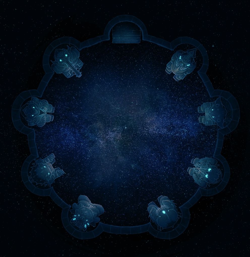 A hand drawn battlemap of a deepsea hatchling chamber floating on an astral background.