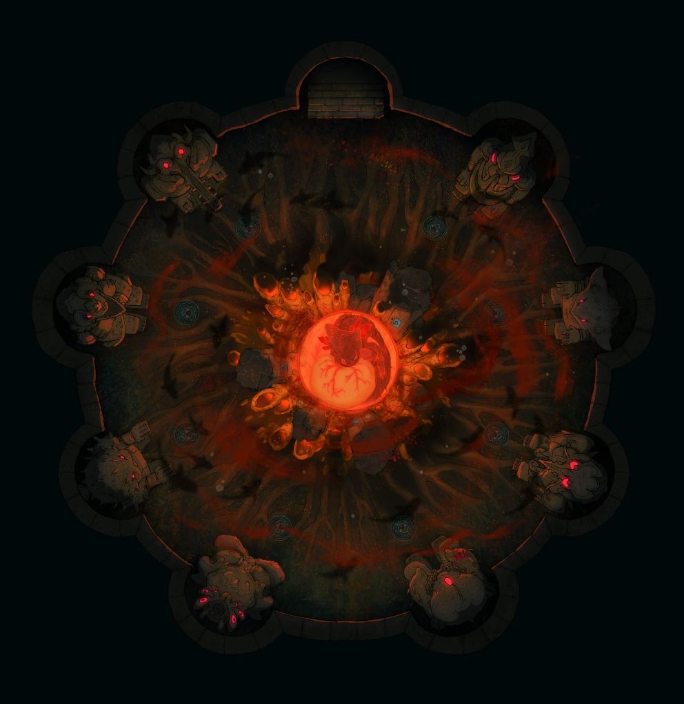 A hand drawn battlemap of the same deepsea hatchling chamber, but now with a red glow and sharks.