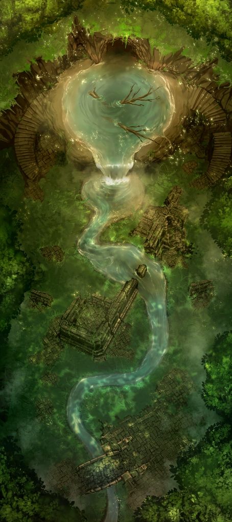 A hand drawn battlemap of a dragon's lair with stone ruins and water cascading through forest.